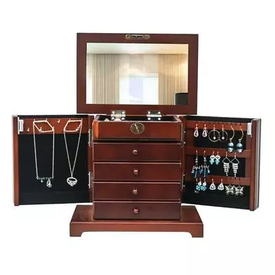 Large Jewelry Organizer Wooden Storage Box 5 Layers Case With 4 Drawers Brown • $59.89