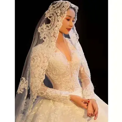 Long Wedding Bridal Veils Lace Edge  Tulle Cathedral Veil With Comb  Ivory White • $87.05