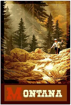 Montana Fly Fishing Art  Travel Poster 16x24 Retro  Trout Fishing • $20.95