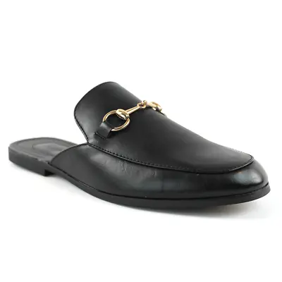 Mens Black Leather Backless Slip On Mule With Gold Buckle Loafers By AZAR MAN • $49