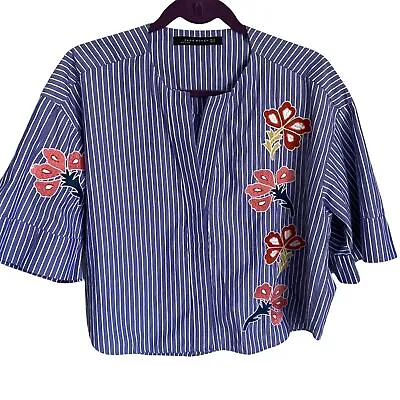 $17.95 • Buy Zara Woman Elbow Sleeve Striped Floral Embroidered Top XS