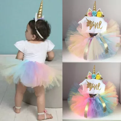 Newborn Baby Girl My 1st Birthday Romper Rainbow Tutu Skirt Headband Outfits • £11.99