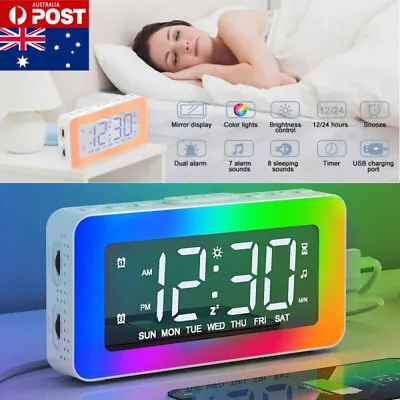 Digital Dual Alarm Clock With LED RGB Night Light White Noise Machine USB Charge • $25.99