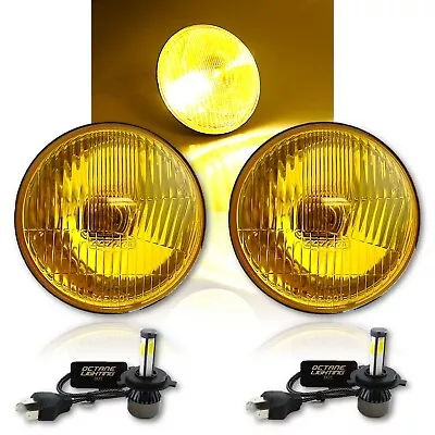 5-3/4  Yellow Stock Headlight Amber Glass Fog Light 20/40w H4 LED Bulbs Pair • $99.95