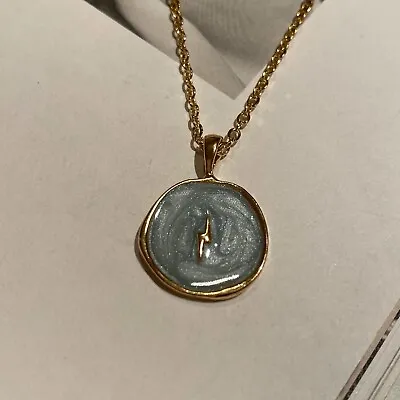 Latoir Fashion Blogger Round Gold Blue Lightning Bolt Pendant Minimal Necklace • £12.40