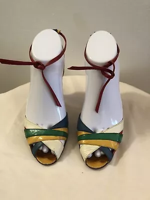  Maud Frizon Colorful True Vintage Cone Heel Ankle Tie Genuine Leather Sandals • $100