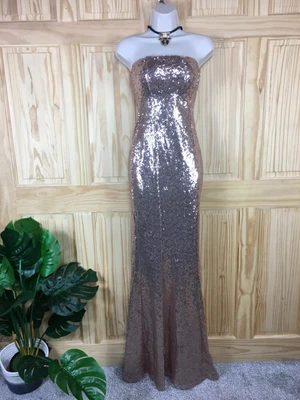 £25 • Buy Goddiva 8 Dress Womens Sequin Bandeau Strapless Rose Gold Maxi Prom Occasion