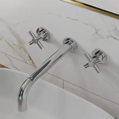 Wall Mounted Bathroom Bath Tub Mixer Tap Filler Spout Twin Cross Handles Chrome • £49.97