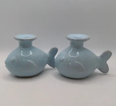 Set Of 2 Vintage Vietri  Italian  Pottery Light Blue Fish Candle Holders  • $34.20