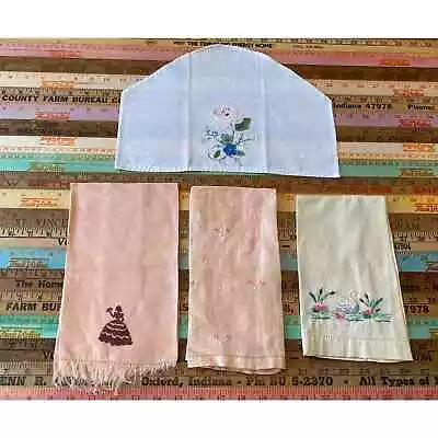 VINTAGE Hand Embroidered Lot Of 4 Dresser Scarf Guest Towel Cotton LINEN Floral • $24.99