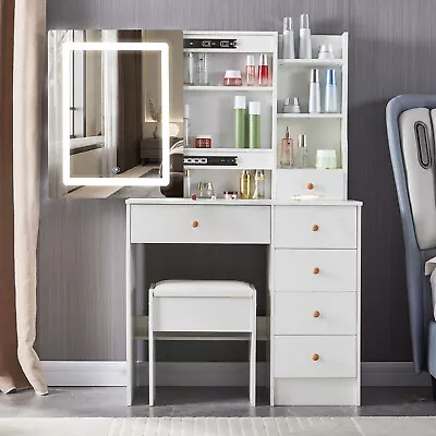 White Dressing Table Set With LED Light 6 Drawers +Mirror Bedroom Makeup Desk UK • £158.80