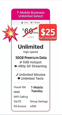 T-Mobile Plan You've Been Waiting For!   ONLY $25.00 • $25