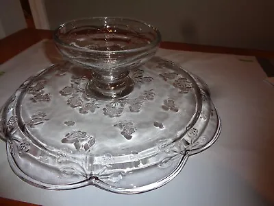 Vintage Embossed Glass Rose Scalloped Edge Pedestal Cake Stand Plate 12  D 4 ”T • $19.99