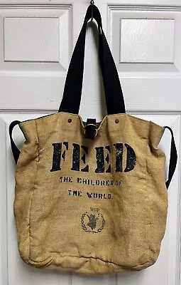 Khaki FEED The Children Of The World 100 Reversible Burlap & Canvas Tote 15x14” • $59.99