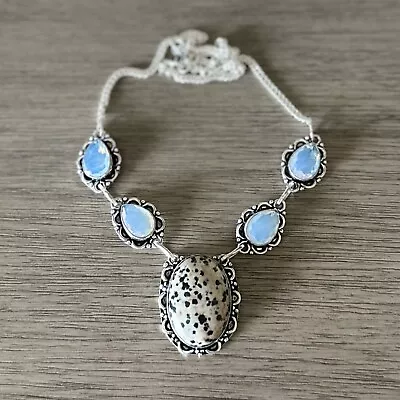 Dalmatian Jasper Opalite Necklace Vintage Style Silver Statement Jewelry 1043 • $11.99