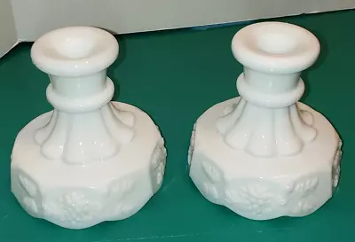 VTG Set Westmoreland White Milk Glass Grape Paneled Skirted Candle Stick Holders • $15.99