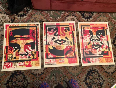 SHEPARD FAIREY OBEY GIANT FACE COLLAGE Signed Set Of 3  • £150