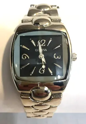 Geneva Woman's Quartz Watch Silver Tone Black Square Face Vintage New Battery • $14.99