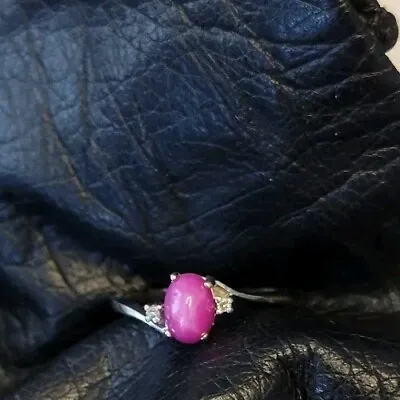 Vintage 10k White Gold Pink Created Lindy Star Sapphire Gem Ring 6.5 - Diamonds • $160