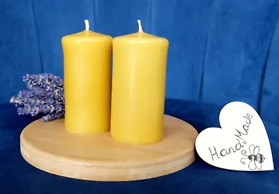 2 X Handmade Beeswax Solid Church Pillar Table Candles Gift Long Burn Time • £9.50