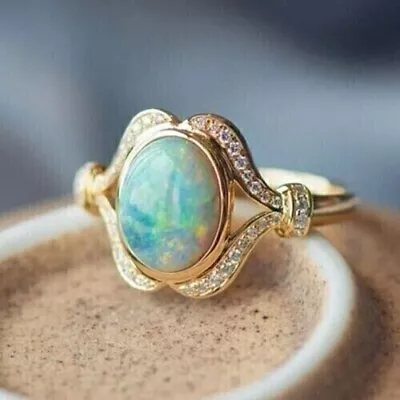 3Ct Oval  Lab Created Opal/Diamond Halo Engagement Ring 14KYellow Gold Plated • $249.99