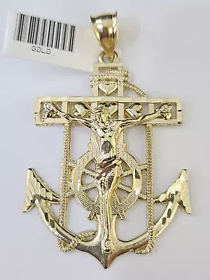 Solid 10k Yellow Gold Charm Anchor Pendant Mens Real 10 KT With Jesus Crucifix • $588.31