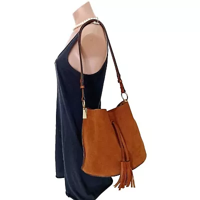 Country Road Genuine Suede Leather Tassel Bucket Shoulder Bag Tan • $69