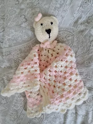 Handmade Crocheted Baby Snuggle/Comforter Blanket Pink/White Teddy Bear • £2.99