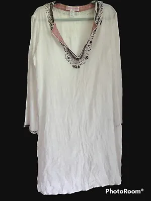 Monique Leshman Silk Beaded Tunic Cover Up Semi Sheer Ivory Textured Size Large • $24