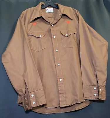 Vintage 80s Rappers Brown Long Sleeve Snap Shirt Longhorns Country Western USA L • $23.99