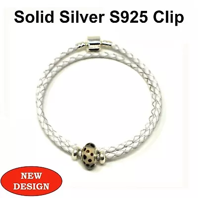 Double Leather Bracelet Silver  Barrel Clip Silver Stoppers & Murano Charm White • £14.99