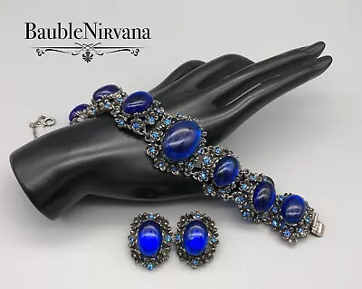 Gorgeous Vintage Selro Chunky Cobalt Blue Cabochon Bracelet & Earrings Set • $189.99