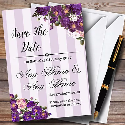 Cadbury Purple Rose & Stripes Vintage Personalised Wedding Save The Date Cards • £7.99