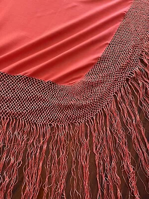 Vintage Coral Red Chinese Silk Piano Shawl Menton With Long Fringes YY366 • $325