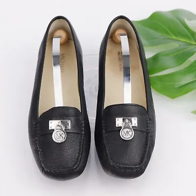 Michael Kors Hamilton Loafer Size 8.5 Black Leather Moc Slip On Shoe MK Charm • $64.89