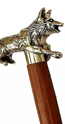 Wooden Walking Stick With Brass Wolf Head Handle Vintage Antique Gift • $39.99