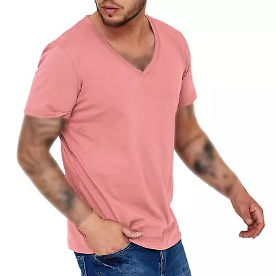 Mens V Neck Plain Short Sleeve T-Shirt Summer Slim Fit Casual Muscle Tops Tee • $17.91