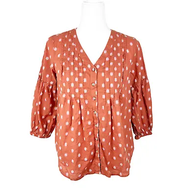 J Jill Blouse Women Extra Small Petite Orange Floral Boho Long Sleeve Button Up • $17.50