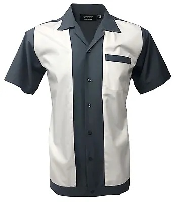 £24.74 • Buy Men's Casual Bowling Shirt Short Sleeve Vintage Style Button-Down Grey And White
