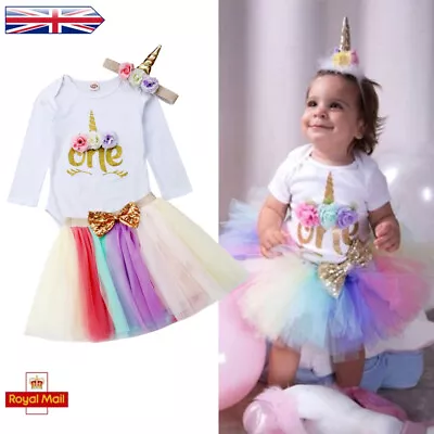 Baby Girl First 1st Birthday Romper Outfit Tutu Skirt Dress Headband Clothes Set • £11.79