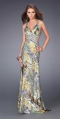 La Femme Beaded Sequins Animal Print Cutout Long Train Prom Dress 6 • $75