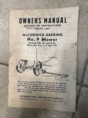 Owner's Manual McCormick Deering No 9 Mower International Harvester Company • $6.60