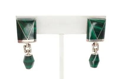 Vintage Mexico Sterling Silver 925 Malachite Dangle Earrings • $50.99