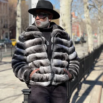 Mens Rex Rabbit Fur Coats Lapel Collar Genuine Fur Chinchilla Bomber Jackets Zip • $525.26