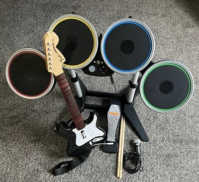 $213.48 • Buy Xbox 360 Rock Band BUNDLE Wireless Drums + Sticks & Pedal, Guitar + Strap, & Mic