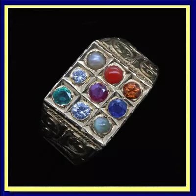 Antique Navaratna Ring 20k Gold Gems Diamond Sapphire Amulet Man Woman (6823) • $1299