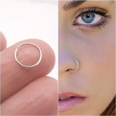 925 Sterling Silver Thin Nose Ring Hoop Small 6mm 8mm With Ball Gold • £2.99