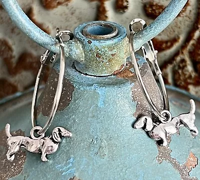 Silver Lever Back Hoops Dangle Wiener Dog Earrings. Dachshund • $6.99