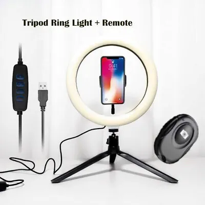 $6.50 • Buy Universal 10  Selfie Ring Light Mobile Phone Holder With Tripod Stand & Remote
