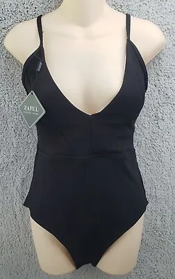 NWT ZAFUL Large Womens  Plunging Neck Solid Black One Piece Swimwear Crossback • $12.88